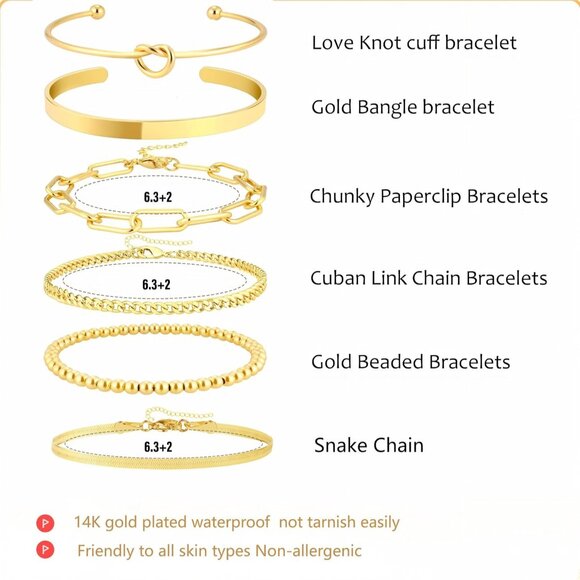 Trendy 14K Gold 6-Piece Stackable Bracelet Set Waterproof & Hypoallergenic - Picture 6 of 8